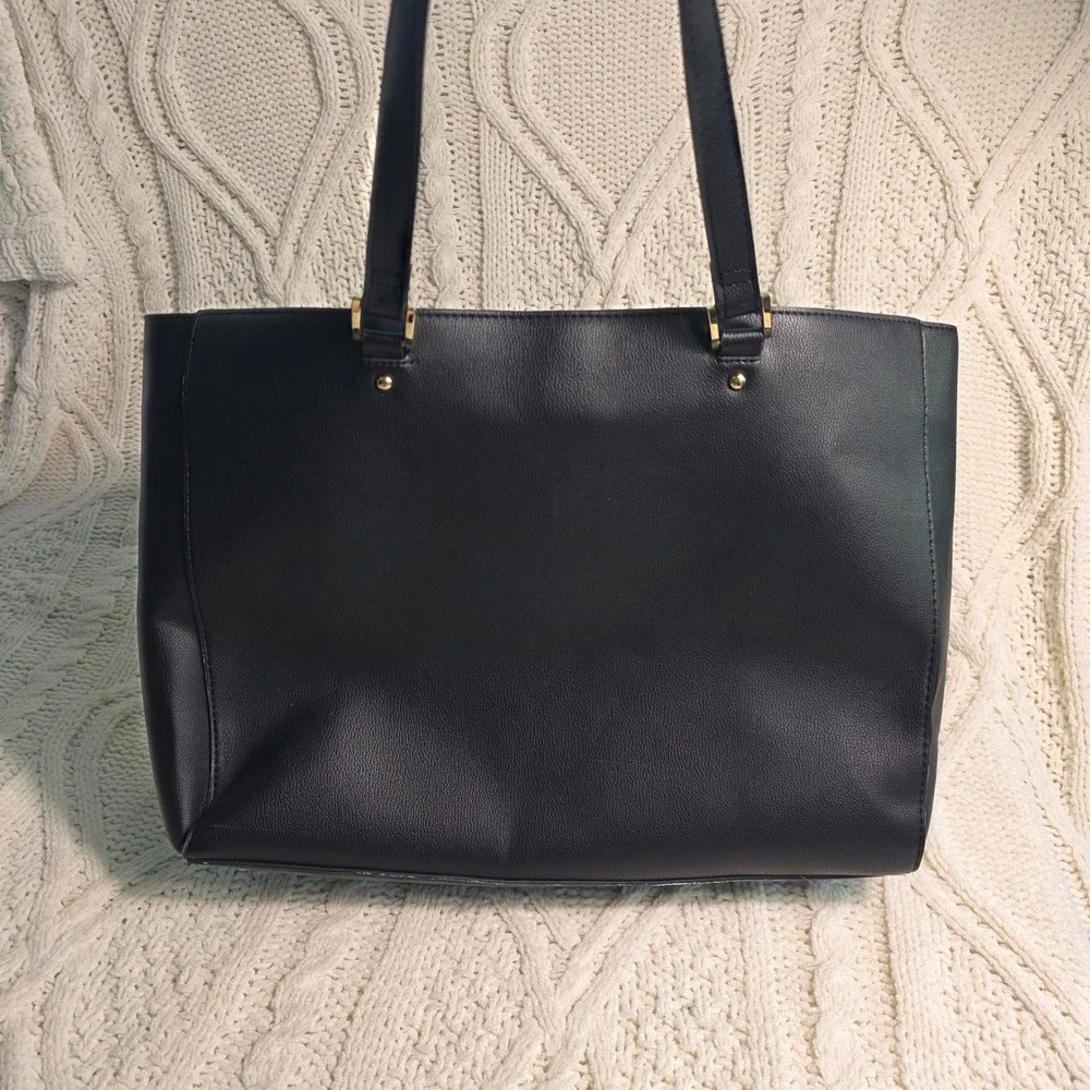 Ann Taylor Tote Laptop Bag Black Tan Faux Leather Work Office Elegant‎ Designer